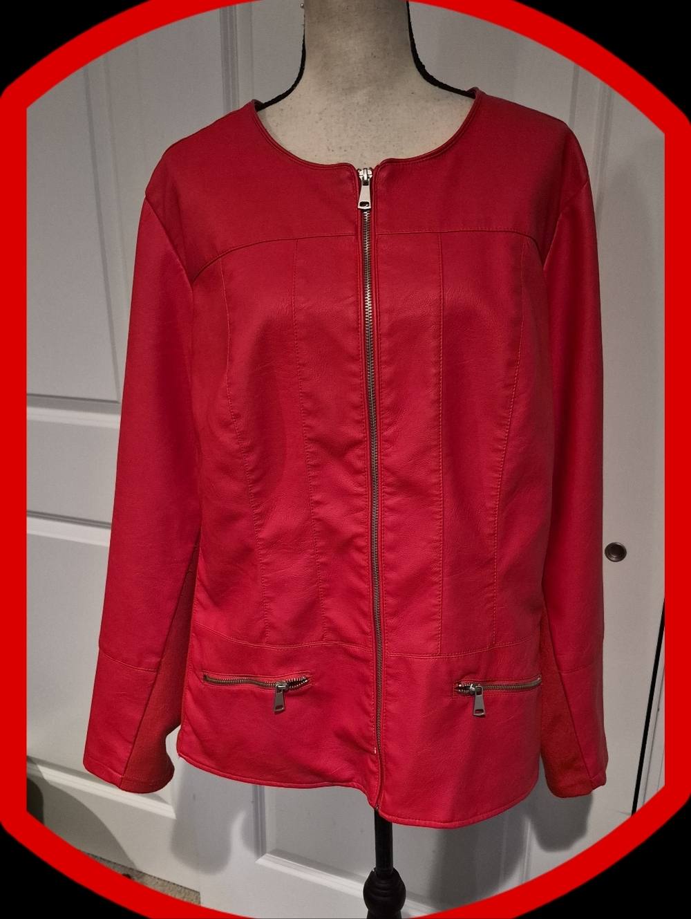 Avenue Red Faux Leather Full Zip Collarless Jacket w/Stretch Knit Panels S/22-24